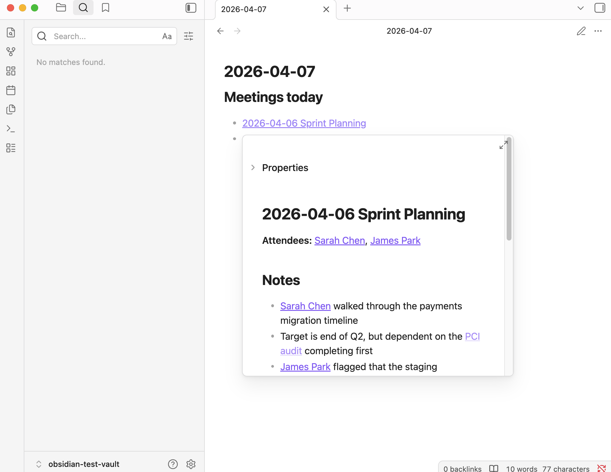 Daily note with wikilinks to today's meeting notes