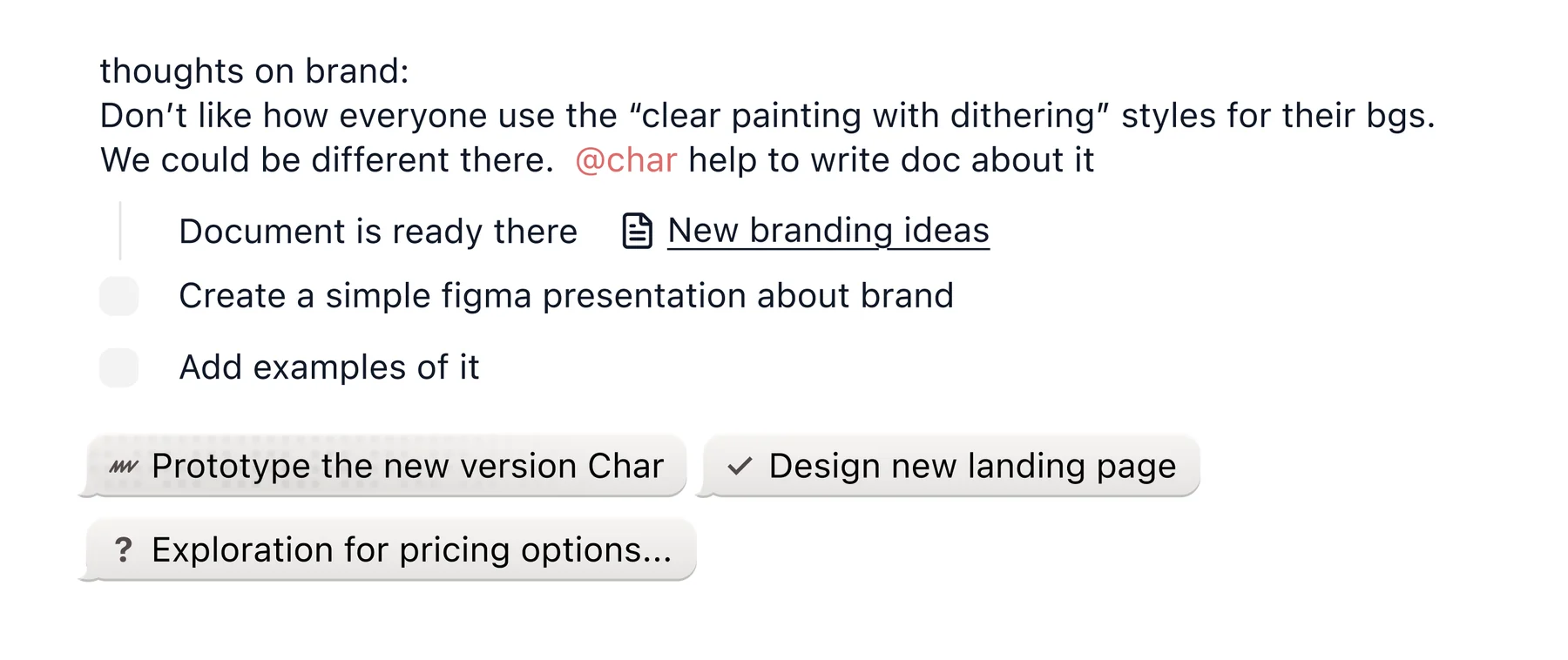 A Char prototype showing an @char request, a generated document, and delegated work chips on the page