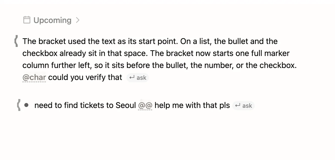 A Char note showing an inline @char mention with an ask affordance